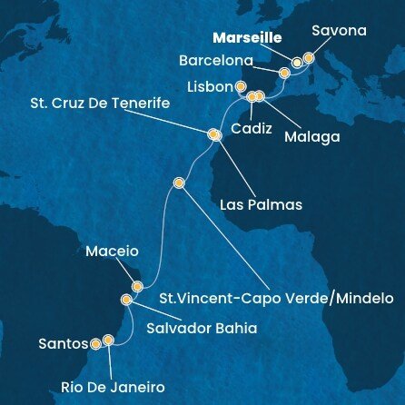 Francie, Itálie, Španělsko, Portugalsko, Kapverdy, Brazílie z Marseille na lodi Costa Diadema
