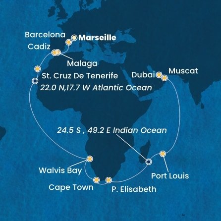 Francie, Španělsko, Namibie, Jihoafrická republika, Mauricius, Omán, Spojené arabské emiráty z Marseille na lodi Costa Smeralda
