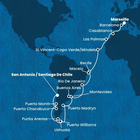 Francie, Španělsko, Maroko, Kapverdy, Brazílie, Uruguay, Argentina, Chile z Marseille na lodi Costa Deliziosa