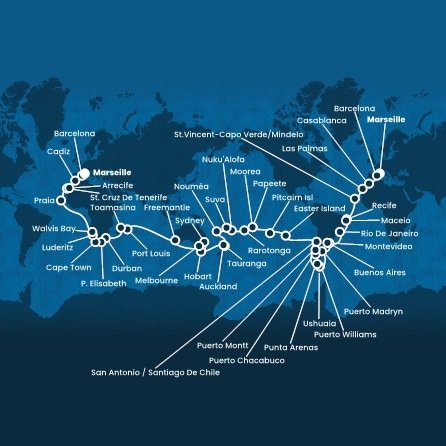 Francie, Španělsko, Maroko, Kapverdy, Brazílie, Uruguay, Argentina, Chile, Zámořské území Velké Británie, Francouzská Polynésie, Cookovy ostrovy, Tonga, Fidži, Nová Kaledonie, Nový Zéland, Austrálie, Mauricius, Madagaskar, Jihoafrická republika, Namibie z Marseille na lodi Costa Deliziosa