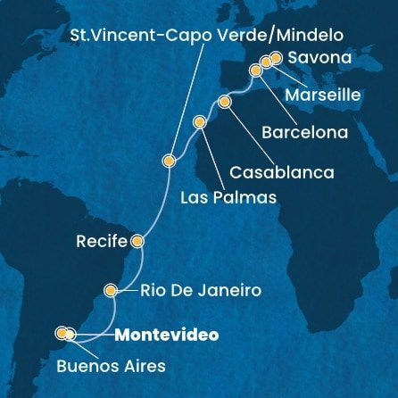 Uruguay, Argentina, Brazílie, Kapverdy, Španělsko, Maroko, Francie, Itálie z Montevidea na lodi Costa Favolosa