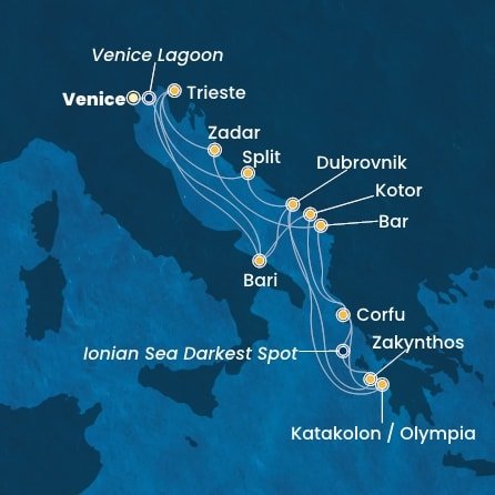Itálie, Chorvatsko, Řecko, Černá Hora z Marghery na lodi Costa Deliziosa