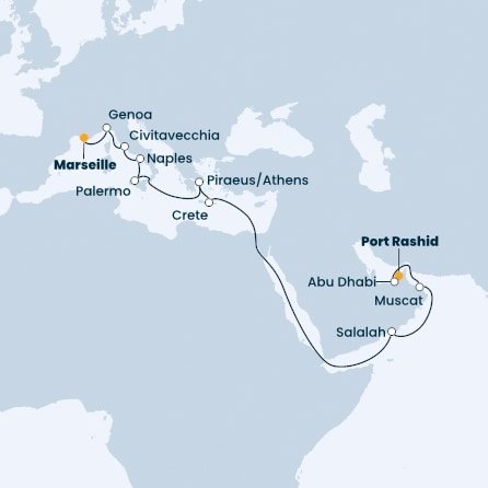 Spojené arabské emiráty, Omán, Řecko, Itálie, Francie na lodi Costa Toscana
