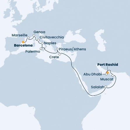 Spojené arabské emiráty, Omán, Řecko, Itálie, Francie, Španělsko na lodi Costa Toscana