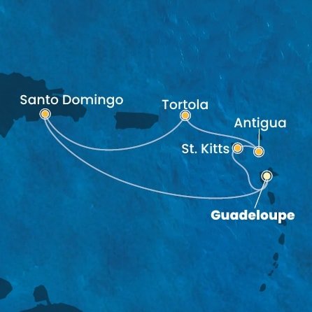 Guadeloupe, Svatý Kryštof a Nevis, Antigua a Barbuda, Britské Panenské ostrovy, Dominikánská republika z Pointe-à-Pitre, Guadeloupe na lodi Costa Favolosa