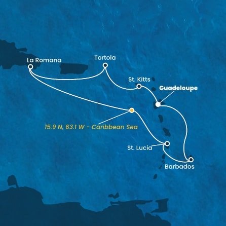 Guadeloupe, Svatý Kryštof a Nevis, Britské Panenské ostrovy, Dominikánská republika, Svatá Lucie, Barbados z Pointe-à-Pitre, Guadeloupe na lodi Costa Fascinosa