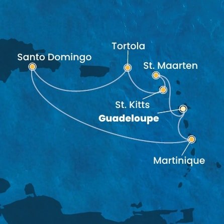 Guadeloupe, Svatý Martin, Svatý Kryštof a Nevis, Britské Panenské ostrovy, Dominikánská republika, Martinik z Pointe-à-Pitre, Guadeloupe na lodi Costa Favolosa
