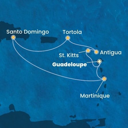 Guadeloupe, Svatý Kryštof a Nevis, Antigua a Barbuda, Britské Panenské ostrovy, Dominikánská republika, Martinik z Pointe-à-Pitre, Guadeloupe na lodi Costa Favolosa