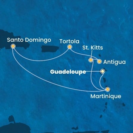 Guadeloupe, Martinik, Svatý Kryštof a Nevis, Antigua a Barbuda, Britské Panenské ostrovy, Dominikánská republika z Pointe-à-Pitre, Guadeloupe na lodi Costa Favolosa