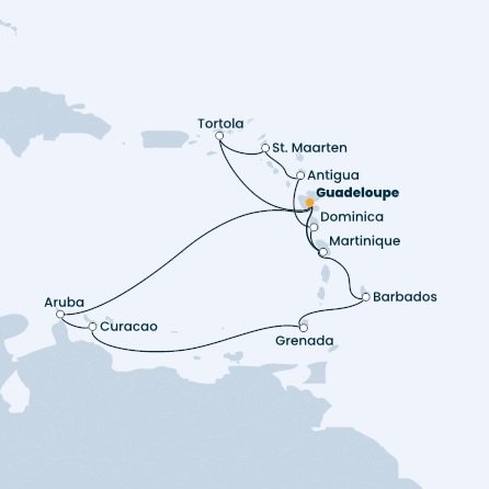 Guadeloupe, Britské Panenské ostrovy, Svatý Martin, Antigua a Barbuda, Dominika, Martinik, Aruba, Curacao, Grenada, Barbados z Pointe-à-Pitre, Guadeloupe na lodi Costa Fascinosa
