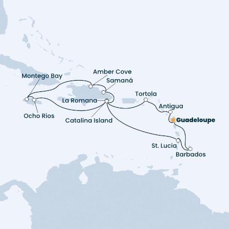 Guadeloupe, Antigua a Barbuda, Britské Panenské ostrovy, Dominikánská republika, Jamajka, Svatá Lucie, Barbados z Pointe-à-Pitre, Guadeloupe na lodi Costa Pacifica