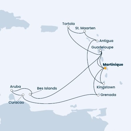 Guadeloupe, Britské Panenské ostrovy, Svatý Martin, Antigua a Barbuda, Svatý Vincenc a Grenadiny, Martinik, Bonaire, Aruba, Curacao, Grenada z Pointe-à-Pitre, Guadeloupe na lodi Costa Fortuna