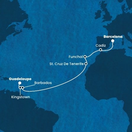 Guadeloupe, Svatý Vincenc a Grenadiny, Barbados, Španělsko, Portugalsko z Pointe-à-Pitre, Guadeloupe na lodi Costa Fortuna