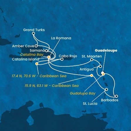 Guadeloupe, , Antigua a Barbuda, Svatý Martin, Dominikánská republika, Zámořské území Velké Británie, Svatá Lucie, Barbados z Pointe-à-Pitre, Guadeloupe na lodi Costa Fascinosa