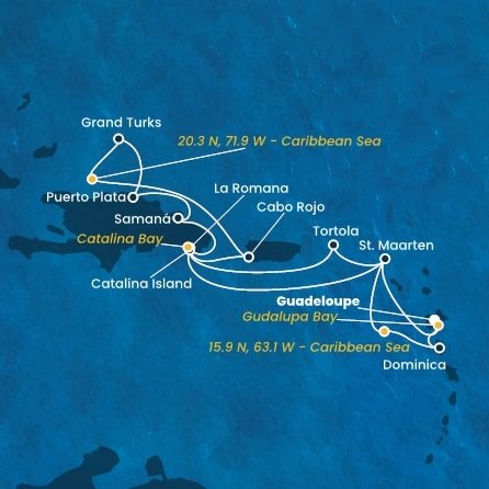 Guadeloupe, , Svatý Martin, Britské Panenské ostrovy, Dominikánská republika, Zámořské území Velké Británie, Dominika z Pointe-à-Pitre, Guadeloupe na lodi Costa Fascinosa