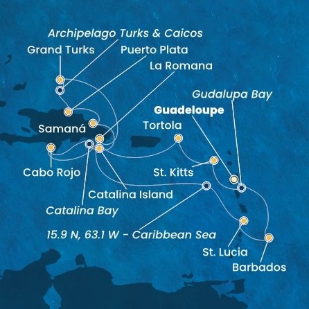 Guadeloupe, Zámořský departement Francie, Svatý Kryštof a Nevis, Britské Panenské ostrovy, Dominikánská republika, Zámořské území Velké Británie, Svatá Lucie, Barbados z Pointe-à-Pitre, Guadeloupe na lodi Costa Pacifica