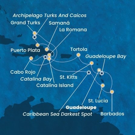 Guadeloupe, Svatý Kryštof a Nevis, Britské Panenské ostrovy, Dominikánská republika, Zámořské území Velké Británie, Svatá Lucie, Barbados z Pointe-à-Pitre na lodi Costa Fascinosa
