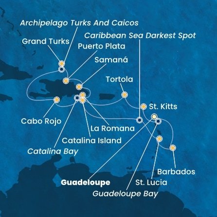 Guadeloupe, Svatý Kryštof a Nevis, Britské Panenské ostrovy, Dominikánská republika, Zámořské území Velké Británie, Svatá Lucie, Barbados z Pointe-à-Pitre na lodi Costa Fascinosa