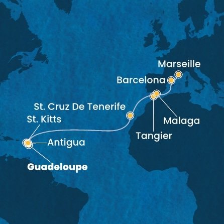 Guadeloupe, Svatý Kryštof a Nevis, Antigua a Barbuda, Španělsko, Maroko, Francie z Pointe-à-Pitre, Guadeloupe na lodi Costa Favolosa