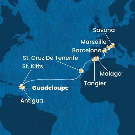 Guadeloupe, Svatý Kryštof a Nevis, Antigua a Barbuda, Španělsko, Maroko, Francie, Itálie z Pointe-à-Pitre, Guadeloupe na lodi Costa Favolosa