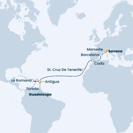 Guadeloupe, Antigua a Barbuda, Britské Panenské ostrovy, Dominikánská republika, Španělsko, Francie, Itálie z Pointe-à-Pitre, Guadeloupe na lodi Costa Pacifica