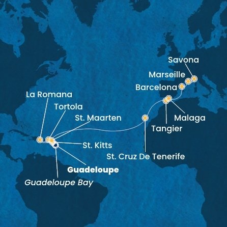 Guadeloupe, Svatý Kryštof a Nevis, Britské Panenské ostrovy, Dominikánská republika, Svatý Martin, Španělsko, Maroko, Francie, Itálie z Pointe-à-Pitre na lodi Costa Fascinosa