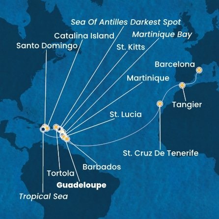 Guadeloupe, Svatý Kryštof a Nevis, Jamajka, Britské Panenské ostrovy, Dominikánská republika, , Martinik, Zámořský departement Francie, Svatá Lucie, Barbados, Španělsko, Maroko z Pointe-à-Pitre, Guadeloupe na lodi Costa Fascinosa