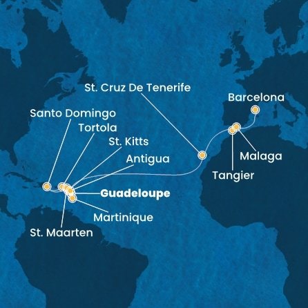Guadeloupe, Svatý Kryštof a Nevis, Britské Panenské ostrovy, Dominikánská republika, Svatý Martin, Martinik, Antigua a Barbuda, Španělsko, Maroko z Pointe-à-Pitre, Guadeloupe na lodi Costa Favolosa