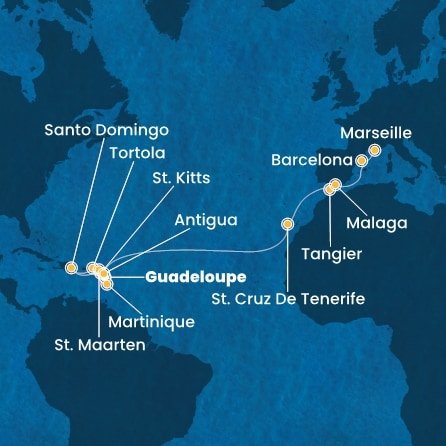Guadeloupe, Svatý Kryštof a Nevis, Britské Panenské ostrovy, Dominikánská republika, Svatý Martin, Martinik, Antigua a Barbuda, Španělsko, Maroko, Francie z Pointe-à-Pitre, Guadeloupe na lodi Costa Favolosa