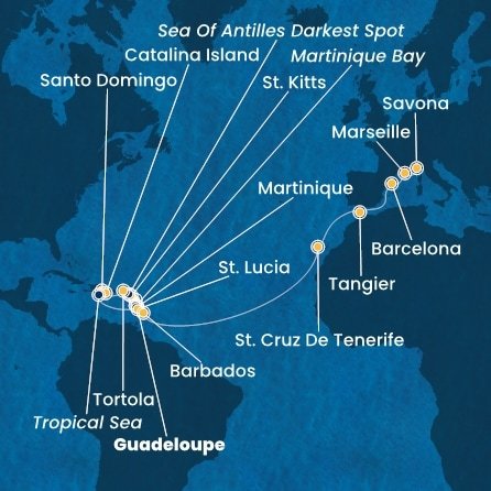 Guadeloupe, Svatý Kryštof a Nevis, Jamajka, Britské Panenské ostrovy, Dominikánská republika, , Martinik, Zámořský departement Francie, Svatá Lucie, Barbados, Španělsko, Maroko, Francie, Itálie z Pointe-à-Pitre, Guadeloupe na lodi Costa Fascinosa