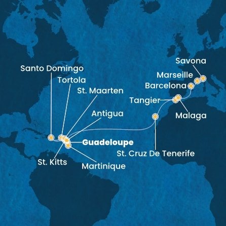 Guadeloupe, Svatý Kryštof a Nevis, Britské Panenské ostrovy, Dominikánská republika, Svatý Martin, Martinik, Antigua a Barbuda, Španělsko, Maroko, Francie, Itálie z Pointe-à-Pitre, Guadeloupe na lodi Costa Favolosa