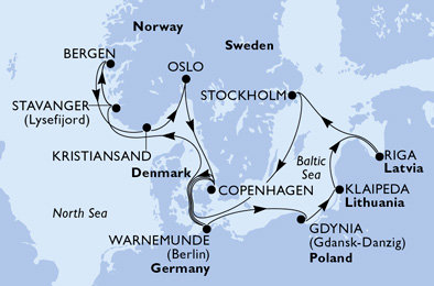 Německo, Polsko, Litva, Lotyšsko, Švédsko, Dánsko, Norsko z Warnemünde na lodi MSC Magnifica