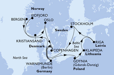 Německo, Polsko, Litva, Lotyšsko, Švédsko, Dánsko, Norsko z Warnemünde na lodi MSC Magnifica