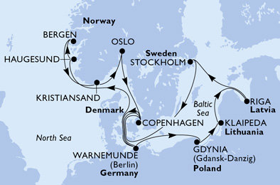 Německo, Polsko, Litva, Lotyšsko, Švédsko, Dánsko, Norsko z Warnemünde na lodi MSC Magnifica