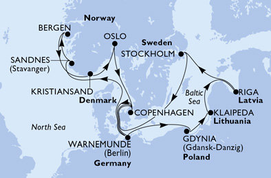 Německo, Polsko, Litva, Lotyšsko, Švédsko, Dánsko, Norsko z Warnemünde na lodi MSC Magnifica