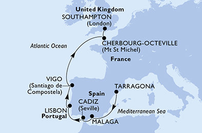 Španělsko, Portugalsko, Francie, Velká Británie z Tarragony na lodi MSC Meraviglia
