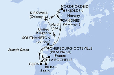 Velká Británie, Španělsko, Francie, Norsko ze Southamptonu na lodi MSC Meraviglia