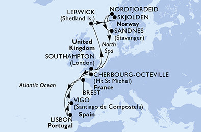 Velká Británie, Francie, Portugalsko, Španělsko, Norsko ze Southamptonu na lodi MSC Meraviglia