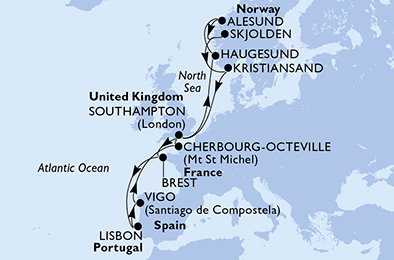 Velká Británie, Francie, Portugalsko, Španělsko, Norsko ze Southamptonu na lodi MSC Meraviglia