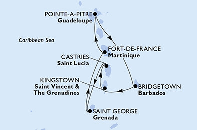 Martinik, Guadeloupe, Barbados, Svatý Vincenc a Grenadiny, Svatá Lucie, Grenada z Fort-de-France na lodi MSC World Asia