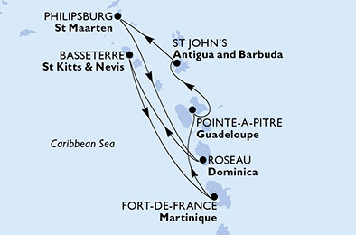 Martinik, Guadeloupe, Antigua a Barbuda, Svatý Martin, Dominika, Svatý Kryštof a Nevis z Fort-de-France na lodi MSC World Asia
