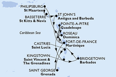Barbados, Svatá Lucie, Grenada, Martinik, Guadeloupe, Dominika, Svatý Martin, Svatý Kryštof a Nevis, Antigua a Barbuda z Bridgetownu na lodi MSC World Asia