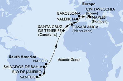Brazílie, Španělsko, Maroko, Itálie ze Santosu na lodi MSC Divina