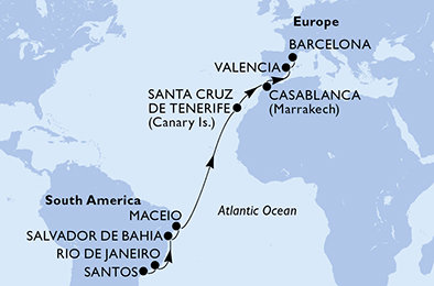Brazílie, Španělsko, Maroko ze Santosu na lodi MSC Divina