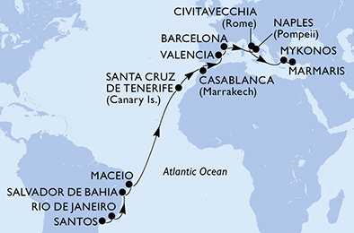 Brazílie, Španělsko, Maroko, Itálie, Řecko, Turecko ze Santosu na lodi MSC Divina