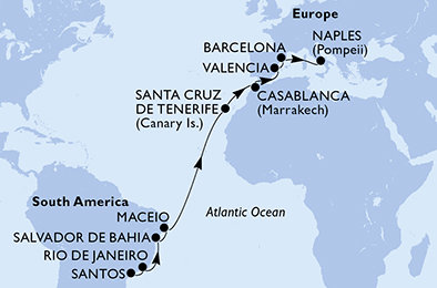 Brazílie, Španělsko, Maroko, Itálie ze Santosu na lodi MSC Divina