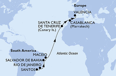 Brazílie, Španělsko, Maroko ze Santosu na lodi MSC Divina