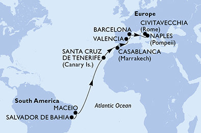 Brazílie, Španělsko, Maroko, Itálie ze Salvadoru na lodi MSC Divina