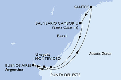Brazílie, Uruguay, Argentina ze Santosu na lodi MSC Meraviglia