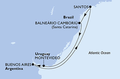Brazílie, Uruguay, Argentina ze Santosu na lodi MSC Meraviglia
